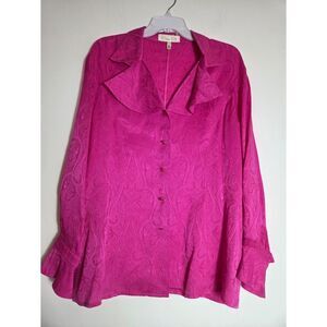 Escada Fuschia Pink Print 100% Silk Darted Detail Button Up Blouse size 44/US XL